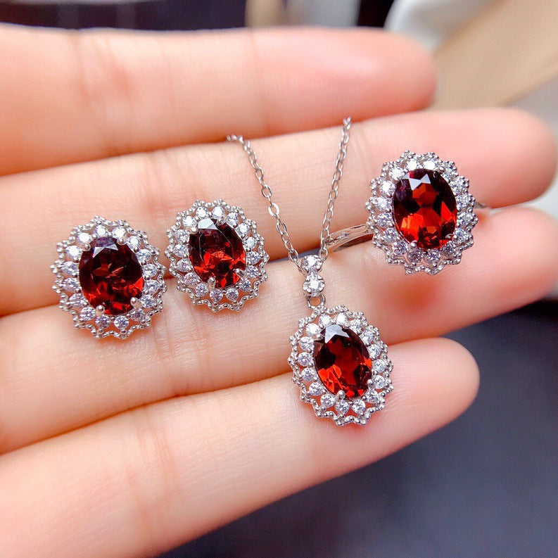 Elegant Deep Red Gem White Gold Set