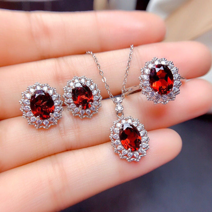 Elegant Deep Red Gem White Gold Set