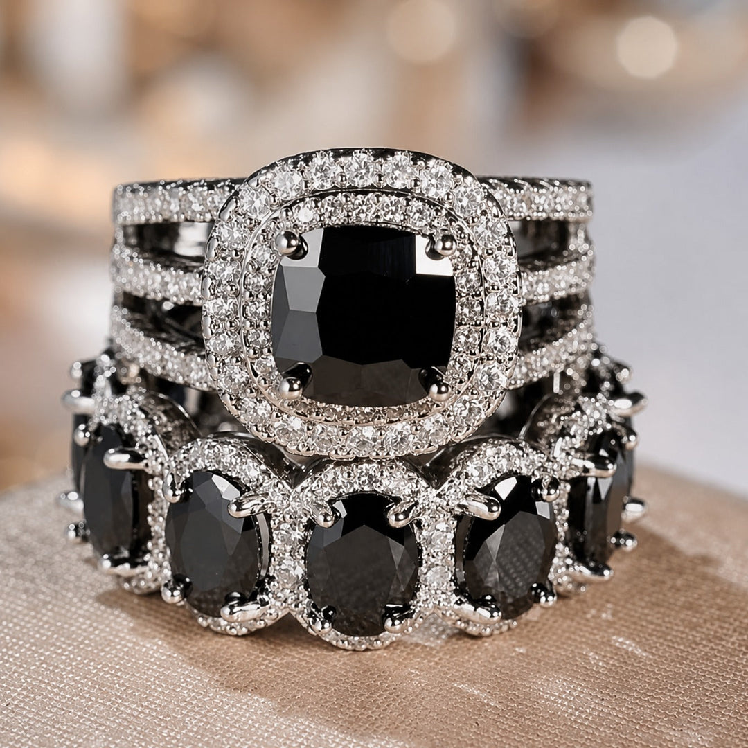 Sophisticated Onyx Halo Stack Ring