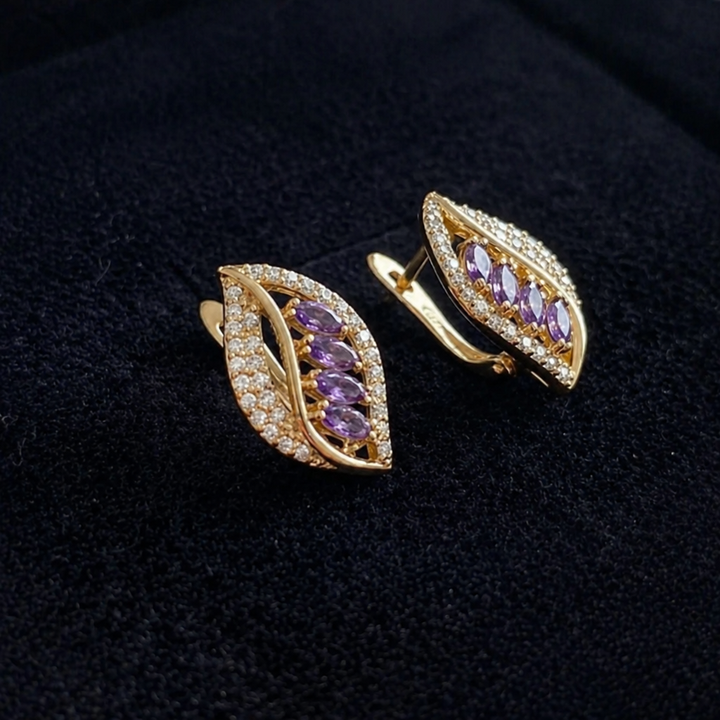 Elegant Violet Feather Rose Gold Earrings